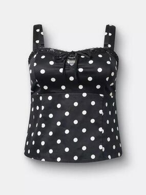 Torrid Sateen Tie-Front Crop Cotton Cami Size 00/10 - Coasting Dots Black GUC